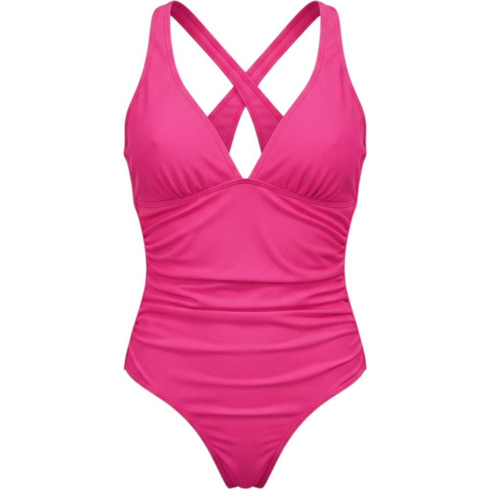 Love Life Womens Hot Pink Ruched V-Neck Crisscross Back One Piece Swimsuit Large